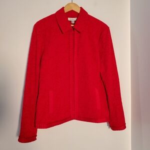 COLDWATER CREEK XL Sparkly Red Vine Emboss Jacket Pleat Ribbon Trim Hook Eye EUC